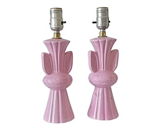 MCM Pair of Ceramic Lamps, Vintage Rose Pink Ceramic Lamps, Set of Mid Century Pink Ceramic Bedroom Lamps, Rose Pink Boudoir Lamps