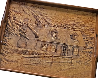 Country Cottage Wooden Tray, Wood Serving Tray with Handles, Cottage in the Woods Handled Tray, House of Lloyd Wood Tray