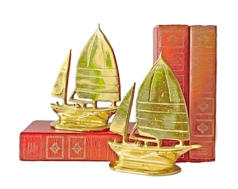 Brass Sailboat Bookends, Vintage Brass Book Ends, Sailboat Bookends, Vintage Nautical Bookends, Vintage Brass Boats, Vintage Library