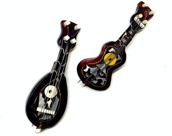 Guitar and Mandolin Brooch Set, Vintage Guitar Pin, Vintage Mandolin Pin, Resin Shell Mother of Pearl Guitar and Mandolin Pin Brooch Set