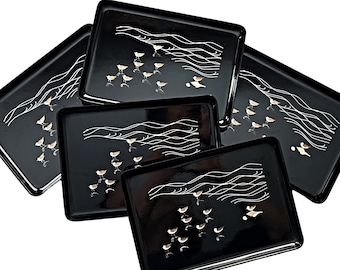 Set of 5 Black Sea Bird Trays, Black Lacquer Seagull Trays, FIVE Plover Bird Black Gold White Trays, Made in Japan Beach House Trays