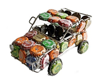 Jeep de camión con tapa de botella vintage, jeep de camión con tapa de botella reciclado, camión jeep con tapa de botella y alambre, camión de arte popular con tapa de botella colorida