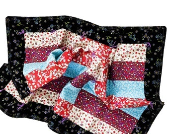 Vintage Mini Quilt, Handmade Patchwork Small Quilt, Tabletop Quilt, Doll Hand Stitched Baby Quilt, Black Purple Red Blue Quilt Wall Hanging