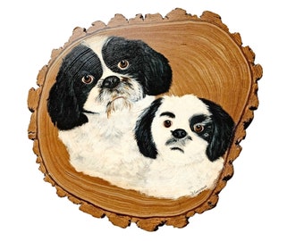 Paintings of Dogs on Bark, Original Vintage Dog Painting on Natural Tree Slice, Primitive Dog Painting, Original Shih Tzu Dogs Painting