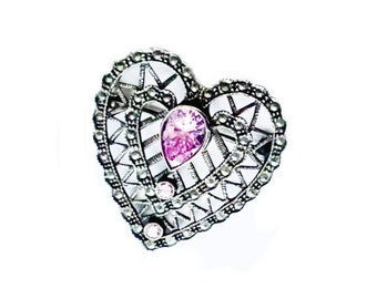 Broche de corazón de topacio rosa y marcasita de plata festoneado, broche de San Valentín de plata NAS 925, pasador en forma de corazón de topacio rosa y marcasita
