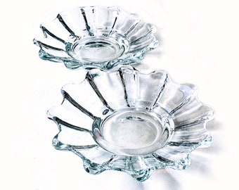 Two Clear Glass Dishes, Glass Dish Set, Viking Glass Dish Set, Clear Glass Votive Holders, Clear Glass Candle Stands, Swung Glass Dishes