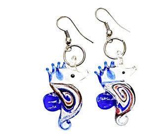 Vintage Blown Glass Seahorse Earrings, Pierced Dangling Glass Sea Horse Earrings, Blue Blown Glass Seahorse Vintage Pierced Earrins
