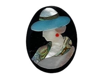 Lee Sands Women in Hat Inlay Shell Brooch/Pin, Abalone Shell Mother of Pearl Inlaid Shell Brooch, Vintage Lee Sands Lady Oval Brooch