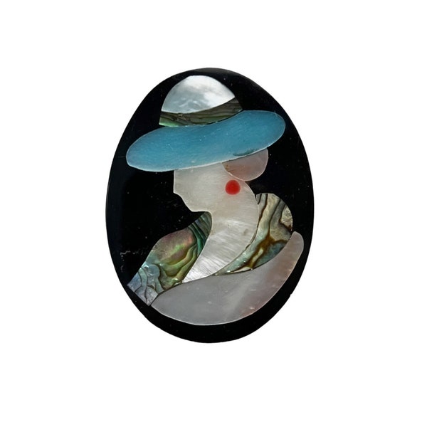 Lee Sands Women in Hat Inlay Shell Brooch/Pin, Abalone Shell Mother of Pearl Inlaid Shell Brooch, Vintage Lee Sands Lady Oval Brooch