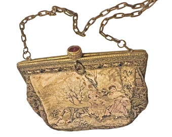 Bolso de tapiz con joyas antiguas, bolso de bolso victoriano con marco de latón adornado decorativo, bolso de tapiz de joya falsa en cadena