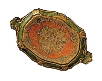 Bandeja verde roja de oro ornamentado florentino, bandeja italiana antigua dorada rectangular, bandeja italiana, bandeja pintada a mano ornamentada de oro hecha en Italia