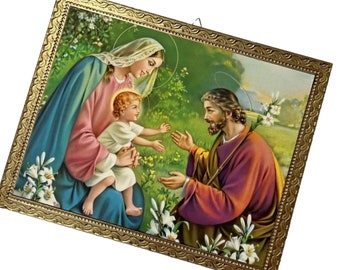 Holy Family Florentine Wood Plaque, Ornate Gold Edge Religious Holy Family Laminated Print, Italian Religious Wooden Plaque, Made in Italy