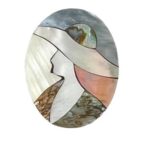 Lee Sands Women in Hat Inlay Shell Brooch/Pin, Abalone Shell Mother of Pearl Inlaid Shell Brooch, Vintage Lee Sands Lady Oval Brooch