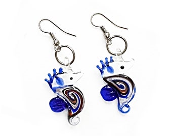 Blown Glass Seahorse Earrings, Vintate Pierced SeaHorse Cobalt Blue Jewelry