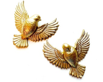 Two Gold Doves, Vintage Burwood Bird Hangings, 2 Gold Dove Wall Hangings, Flying Bird Art, Two Gold Doves Wall Decor, Gold Flying Birds