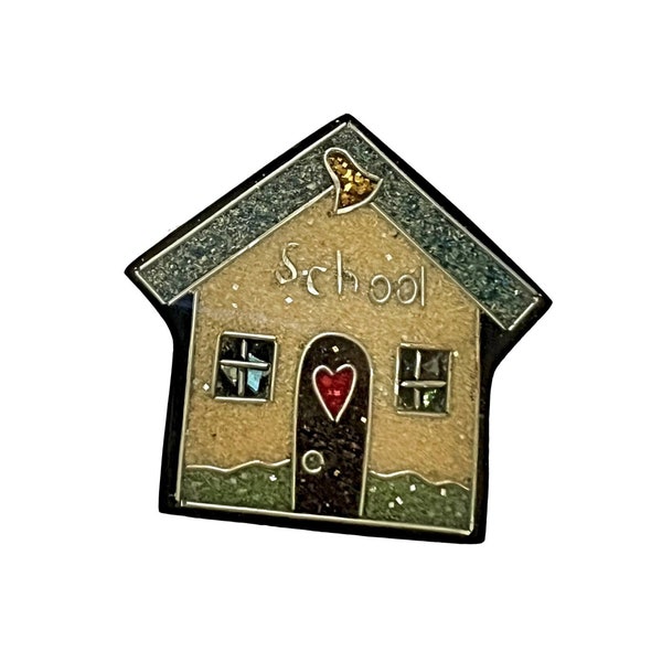 LEE SANDS Schoolhouse Inlay Brooch, Vintage Crushed Stone Inlay Pin, Cloisonne Crushed Stone Brooch, Lee Sands School House Teacher Pin