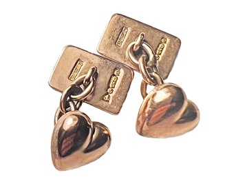BH & Joseph Company Cufflinks, 9 ct Rose Gold Puffy Heart Edwardian Cufflinks, Gold Heart Cuff Links, BHJ Antique Chain Link Heart Cufflinks