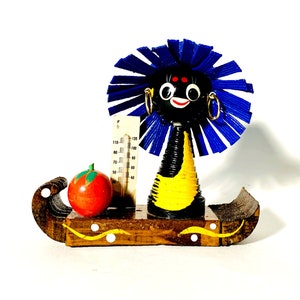 Kitsch Vintage Thermometer, Figurative Thermometer, Blue Hat Black Folk Art Thermometer, Wood Figure Thermometer, Wooden Folk Thermometer