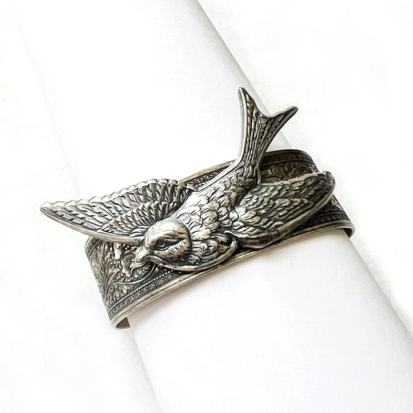 Swallow Bird Cuff Bracelet, Embossed Bird Bracelet Cuff, Flying Bird Cuff Bracelet, Antique Style Oxidized Detailed Bird Cuff Bracelet