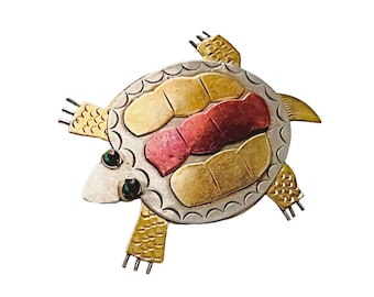 Mixed Metal Turtle Brooch, Copper Silver Brass Turtle Brooch, Vintage Tri Metal Turtle Pin, Multi Metal Turtle Pin