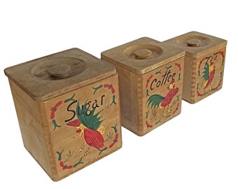 OFERTA Juego de botes de madera con forma de gallo, juego de botes apilables de madera vintage