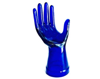 Cobalt Blue Hand Shaped Ring Holder, Blue Glass Ring Keeper, Hand Shaped Cobalt Blue Glass Ring Storage, Glass Hand, Cobalt Glass Glove Mold