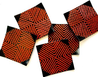 Large Enamel Coaster Set, Mid Century Orange Black Enamel Trivet/Coaster Set in Box, FIVE Geometric Trivets in Box, Asian Trivet Coaster Set