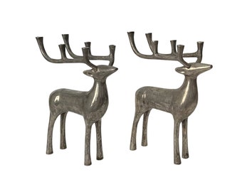 Silver Plate Deer Set of Two , 2 Silver Plate Stags Deer, Silver Colored Deer with Antler Sculptures, Silver-plate Deer Candelabra Set