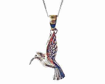 Sterling Humminngbird Pendant on Chain, 2 inch Humminbird Sterling Silver Necklace, Large Vintage Hummingbird Pendant with Silver Chain