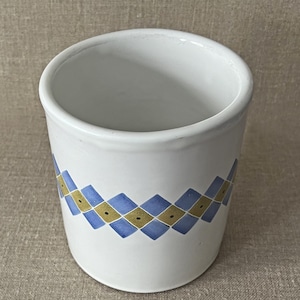 Olla para utensilios pintada a mano, cerámica esmaltada, patrón de diamantes azules