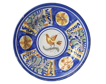 Plato de pájaro italiano pintado a mano, plato de pájaro naranja amarillo azul, cerámica de Italia, plato de pájaro decorativo-tazón poco profundo, tazón de pasta hecho en Italia