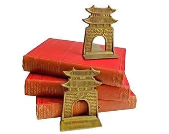 Brass Pagoda Bookends, Vintage Brass Book Ends, Pagoda Bookends, Korean Folding Brass Asian Bookends, Brass Asian Folding Pagodas