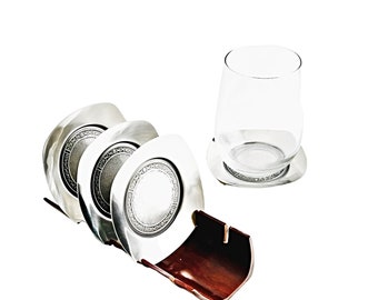 MCM Cordova Stainless Steal Coaster Set in Original Box, 4 Coaster Set with Holder, 5pc Coaster Set, Cordova Holloware Riviera Coaster Set