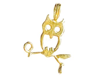 14K Gold Owl Pendant, 14K Gold Owl on a Branch Necklace Pendant, Petite Owl on a Branch Pendant Charm