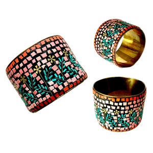 Brass Mosaic Wide Cuff Bracelet, Vintage Floral Mosaic Brass Cuff Bracelet, Flower Mosaic Bracelet, Coral Teal Black Mosaic and Brass Cuff