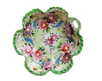 Plato en forma de flor de porcelana pintado a mano, plato festoneado floral púrpura rosa verde, tazón floral pintado a mano de hoja de oro con bordes festoneados