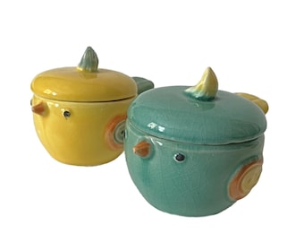 SET of TWO Ceramic Bird Jars, Lidded Bird Containers with Lids, Bird Trinket Boxes, Teal Yellow Orange Lidded Bird Storage Containers