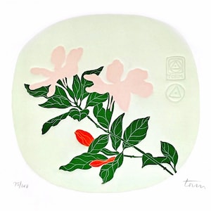 Grabado floral enmarcado con inspiración asiática en relieve, magnolia rosa y verde, de Fernando Torm