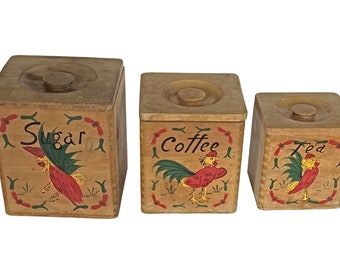 SALE Wooden  Rooster Canister Set, Vintage Wooden Stacking Canister Set