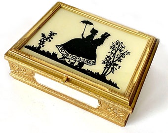 Caja de amantes vintage, caja de joyería de los amantes de la silueta, caja de baratijas de los amantes, caja de almacenamiento romántica, caja de espejo con bisagras, caja boudoir negra y dorada