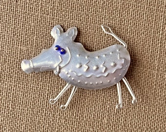 Pressed Metal Boar Pig Pin, Aluminum Embossed Wart Hog Pin with Blue Bead Eyes, Silver Colored Vintage Handmade OOAK Boar Pig Hog Brooch Pin