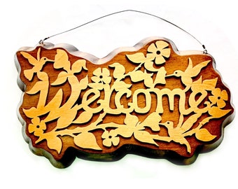 Signo de BIENVENIDA, signo de bienvenida de artesanía de madera vintage, placa de bienvenida de madera, signo de bienvenida de colibrí floral, signo de bienvenida de losa de madera