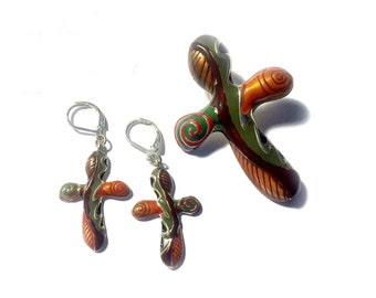 Vintage Enamel Cross Set, Enamel Cross Brooch Pendant & Earrings, Copper Brown Green Enamel Cross and Earring Set, Enamel Cross Jewelry Set