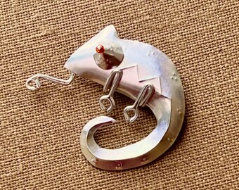 Pressed Metal Chameleon Pin, Aluminum Embossed Chameleon Pin with Red Bead Eye, Silver Colored Vintage Handmade OOAK Chameleon Brooch Pin