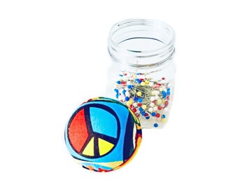 Vintage Fabric Topped Peace Sign Pin Jar, Mod Retro PEACE Sign Fabric Topped Pin Cushion Jar, Pin Storage Jar with Pin Cushion Top