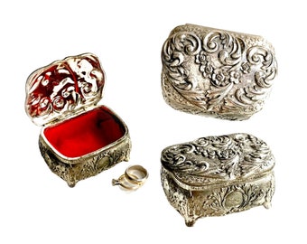 Silver Tone Ornate Box, Silver Tone Floral Box, Foral Top Red Lined Ornate Box, Red Lined Hinged Ornate Engagement Box, Fancy Silver Box