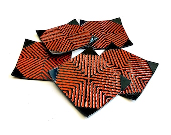 Large Enamel Coaster Set, Mid Century Orange Black Enamel Trivet/Coaster Set in Box, FIVE Geometric Trivets in Box, Asian Trivet Coaster Set