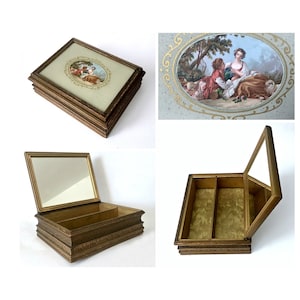 Vintage Lovers Box, Lovers Jewelry Box, Lovers Trinket Box, Edwardian Gold Wooden Vanity Box with Mirror, Romantic Boudoir Keepsake Box