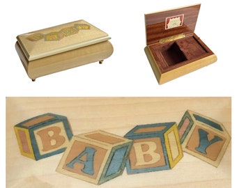 Reuge Lullaby BABY Inlaid Wood Music Box, REUGE Wooden Inlay BABY Blocks Music Box, Pastel Baby Lullaby Baby Pastel Music Keepsake Box