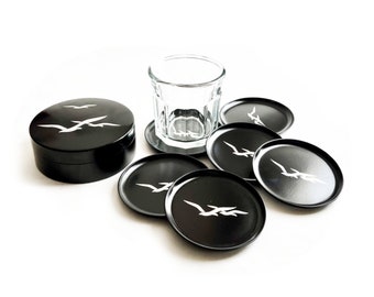 Otagiri Seagull Coaster Set, 6 Lacquer Coasters in Box, Six Coasters, Seagull Lacquer Coaster Set,  Black Silver Seagull Coasters in Holder